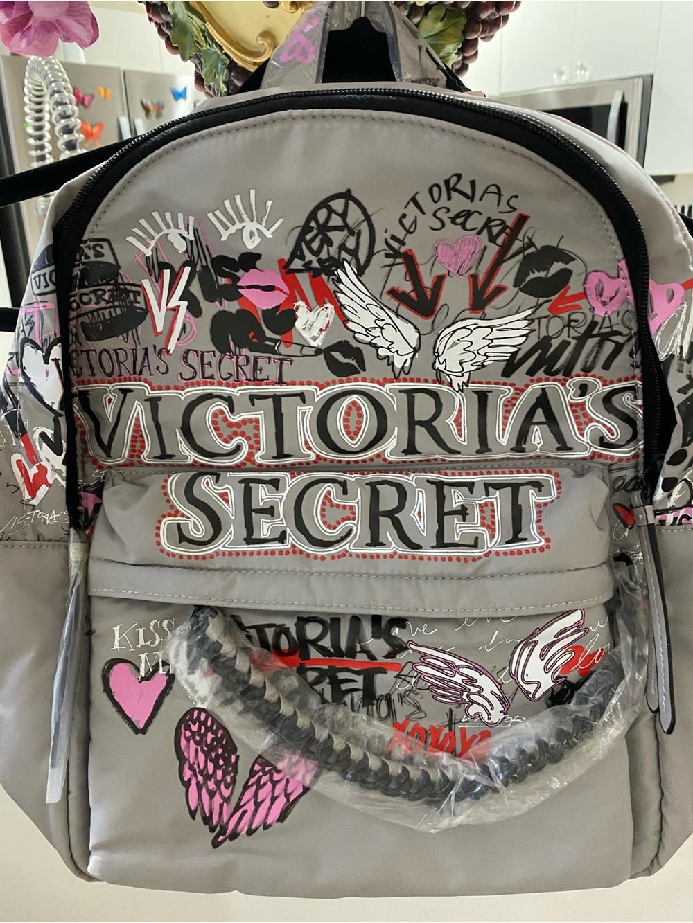 Victoria's Secret Gray Backpack with Pink Graffiti Accents - Picture 8 of 12